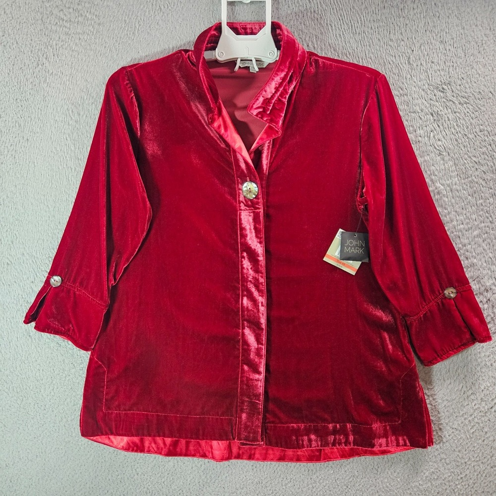 $109 NEW John Mark Tunic Velvet Shirt Top Women XS‎ Button Up Red